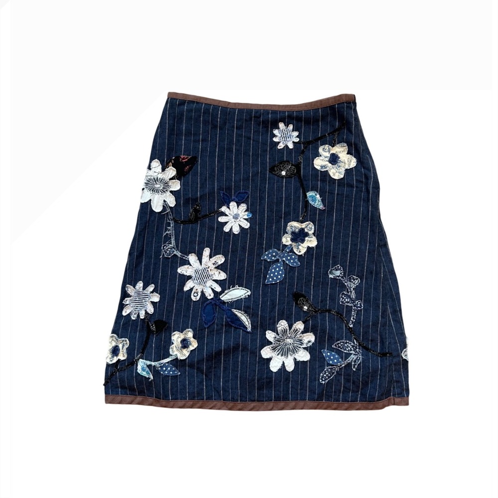 Boden 100% Linen Navy floral 3D patchwork A line Pencil‎ Skirt 8R